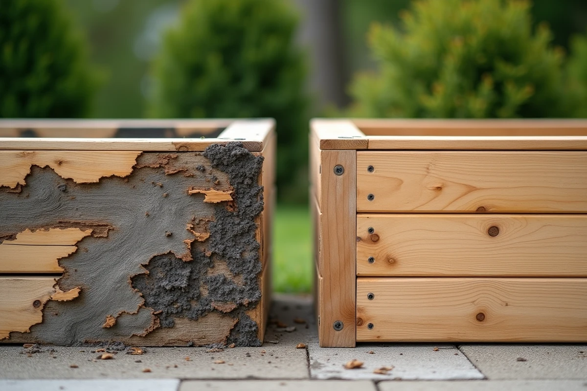 Comparaison entre une jardinière en bois pourrie et une jardinière en bois traité résistante à l'humidité en extérieur