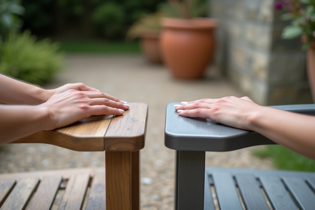 Comparaison détaillée d'un accoudoir en bois teck vieilli et d'un accoudoir en aluminium brossé de salon de jardin