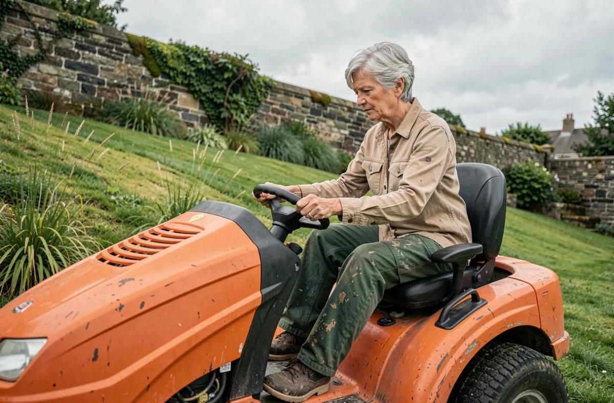 Femme aux commandes d'un tracteur tondeuse sur terrain en pente, manipulant la commande d'enclenchement de lame dans un jardin résidentiel