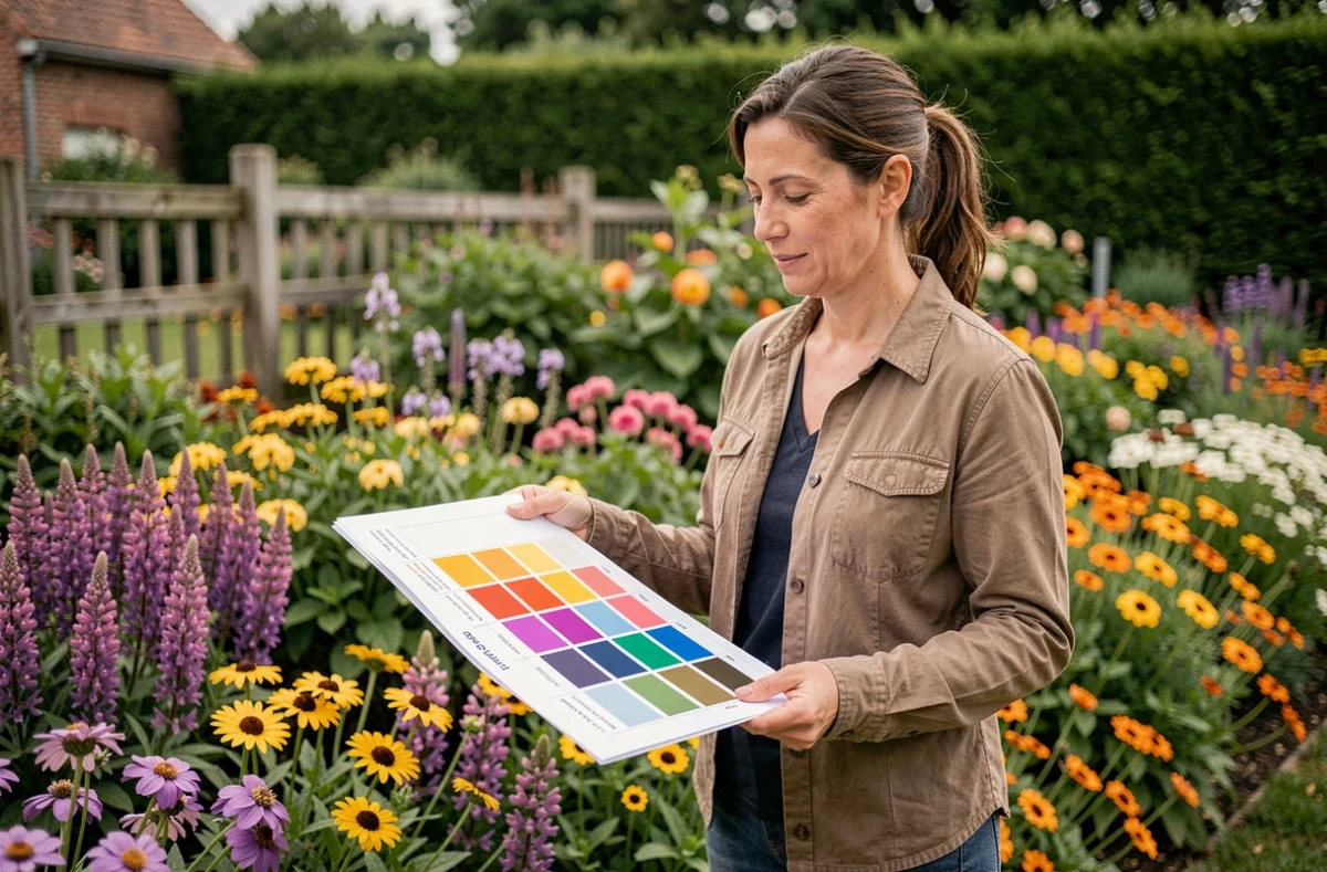 Conceptrice paysagère de Couleurs Et Paysages présentant un plan de massif coloré dans un jardin de l'Aisne