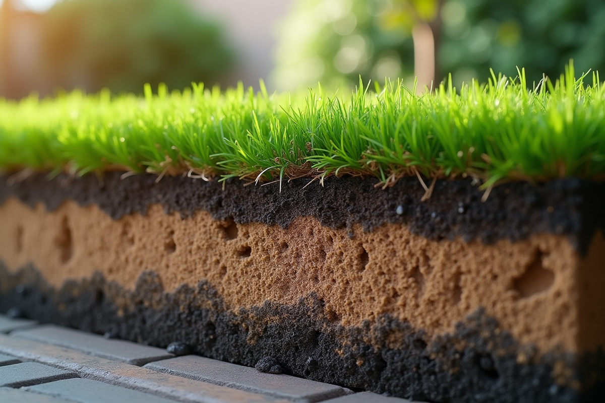 Zoom sur la coupe d'un gazon artificiel dans un jardin suburbain