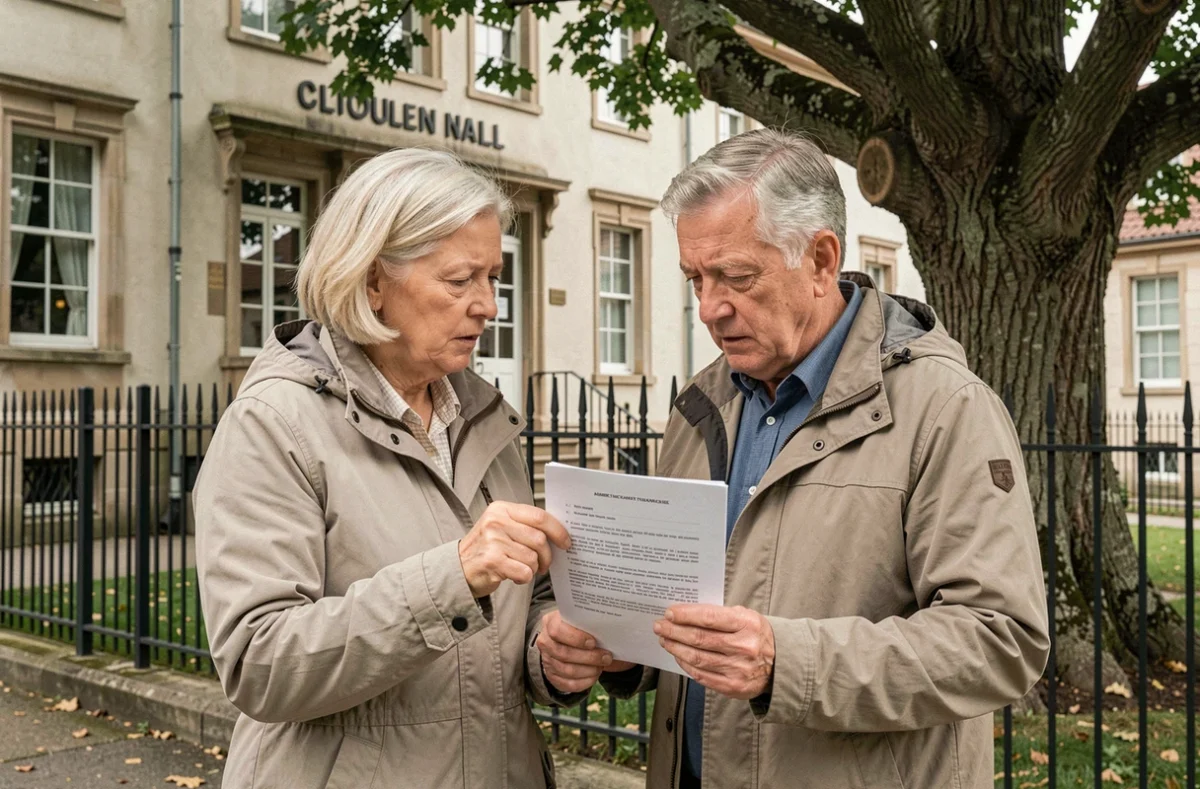 Couple consultant un document administratif devant la mairie pour une demande d'autorisation d'abattage d'arbre