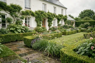 Vue panoramique d'un jardin paysager en Loire-Atlantique avec allée en pierre, haies taillées et plantes vivaces fleuries devant une maison vendéenne
