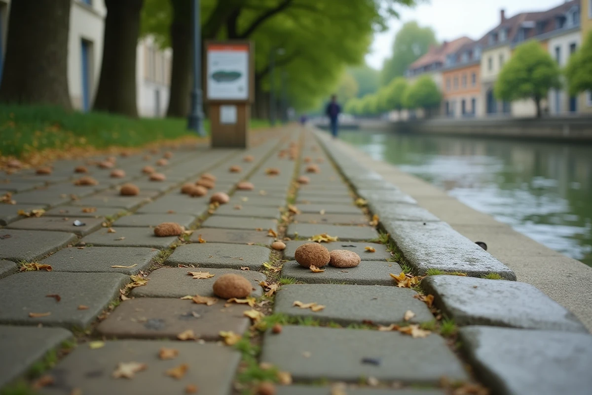 Crottes d'animaux sur un chemin en pierre au bord de la Loire avec panneau municipal