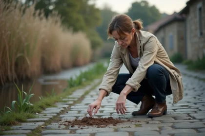 Femme examinant des crottes d'animaux sur un chemin de bord de Loire en soirée