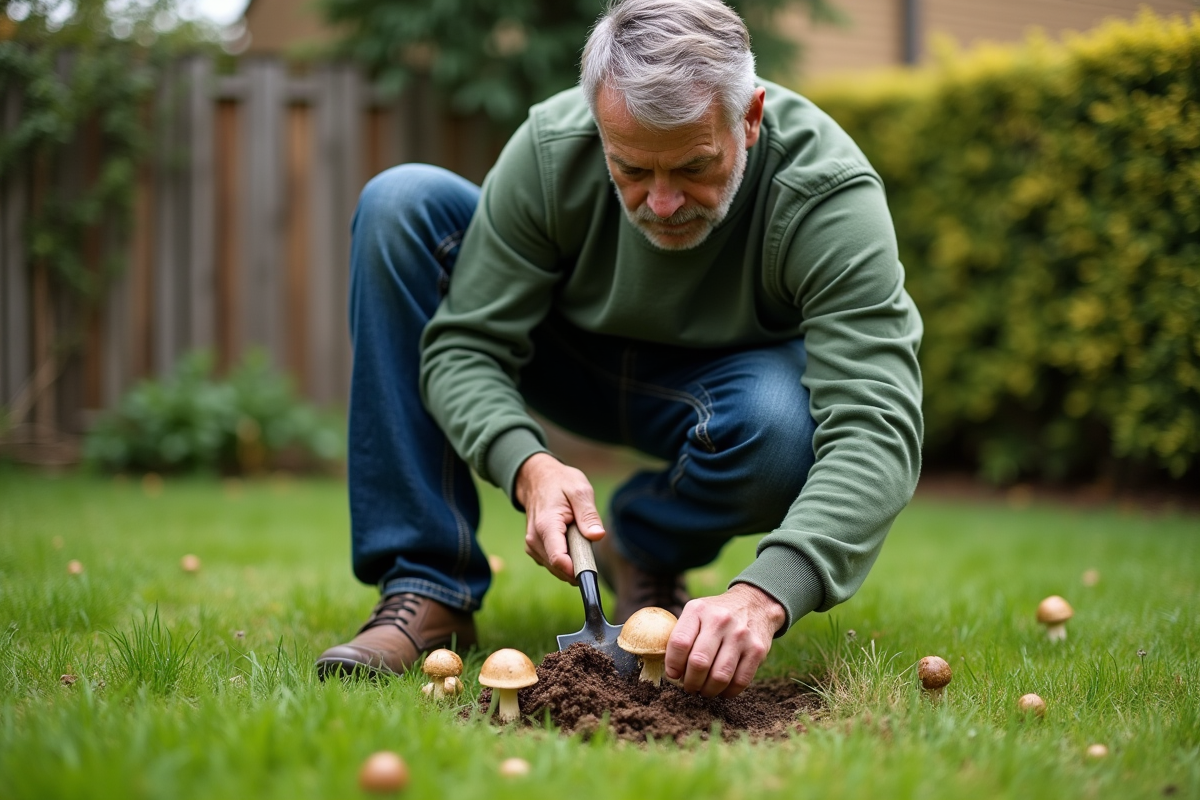 Homme récoltant des champignons dans un jardin verdoyant