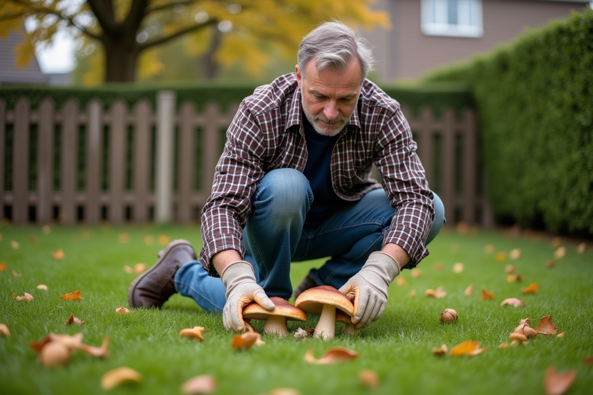 Homme d'âge moyen cueillant des champignons dans un jardin