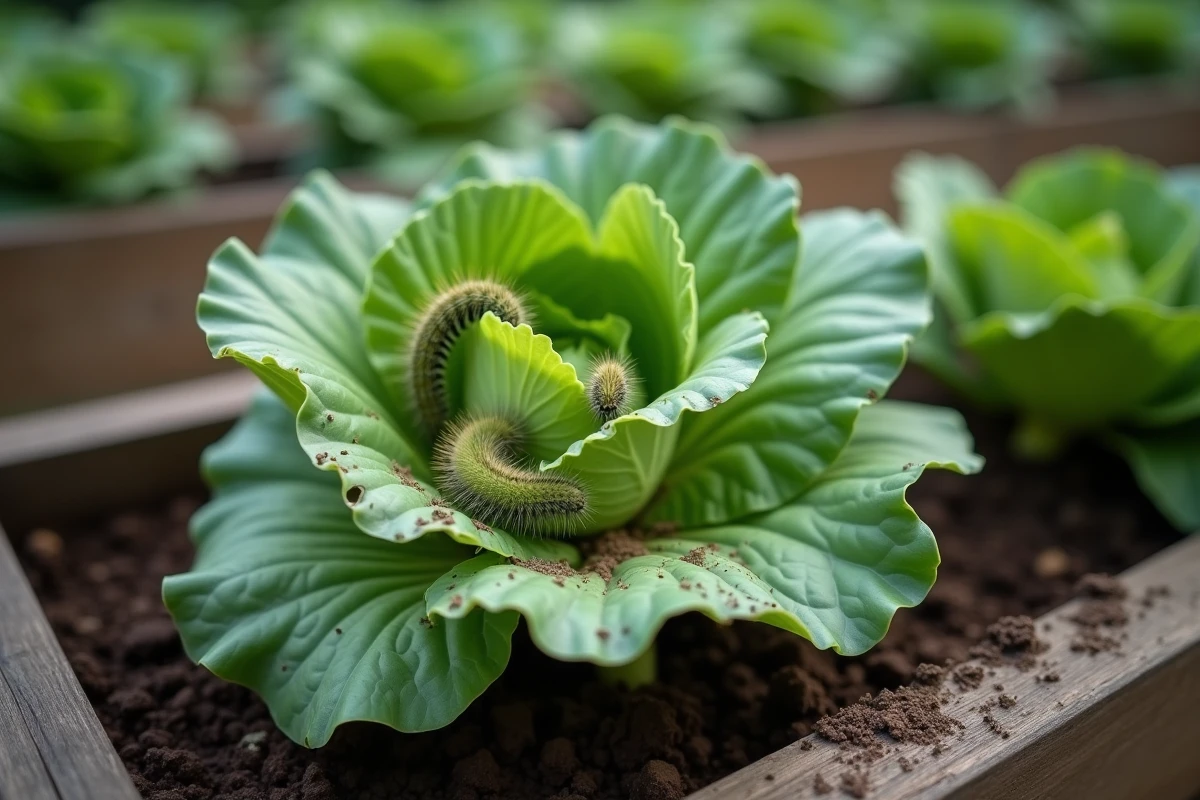 Plusieurs chenilles vertes causant des dégâts sur une feuille de chou au potager, avec trous et morsures visibles