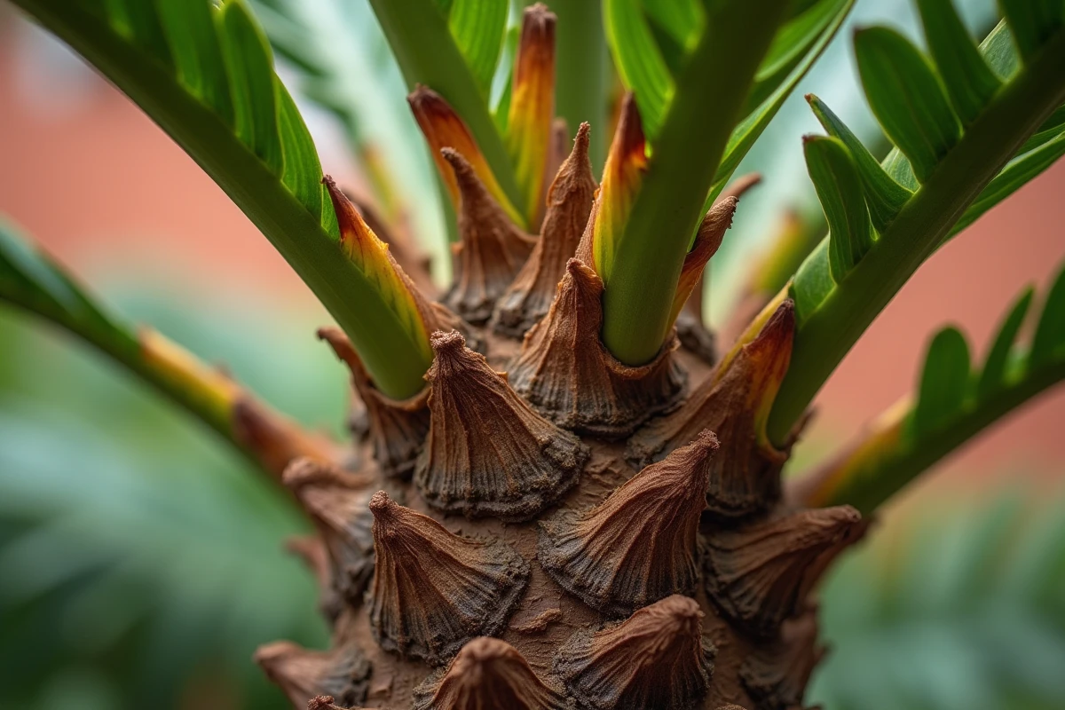 Dégâts visibles sur la couronne d'un palmier Phoenix canariensis causés par les larves du papillon palmier Paysandisia archon