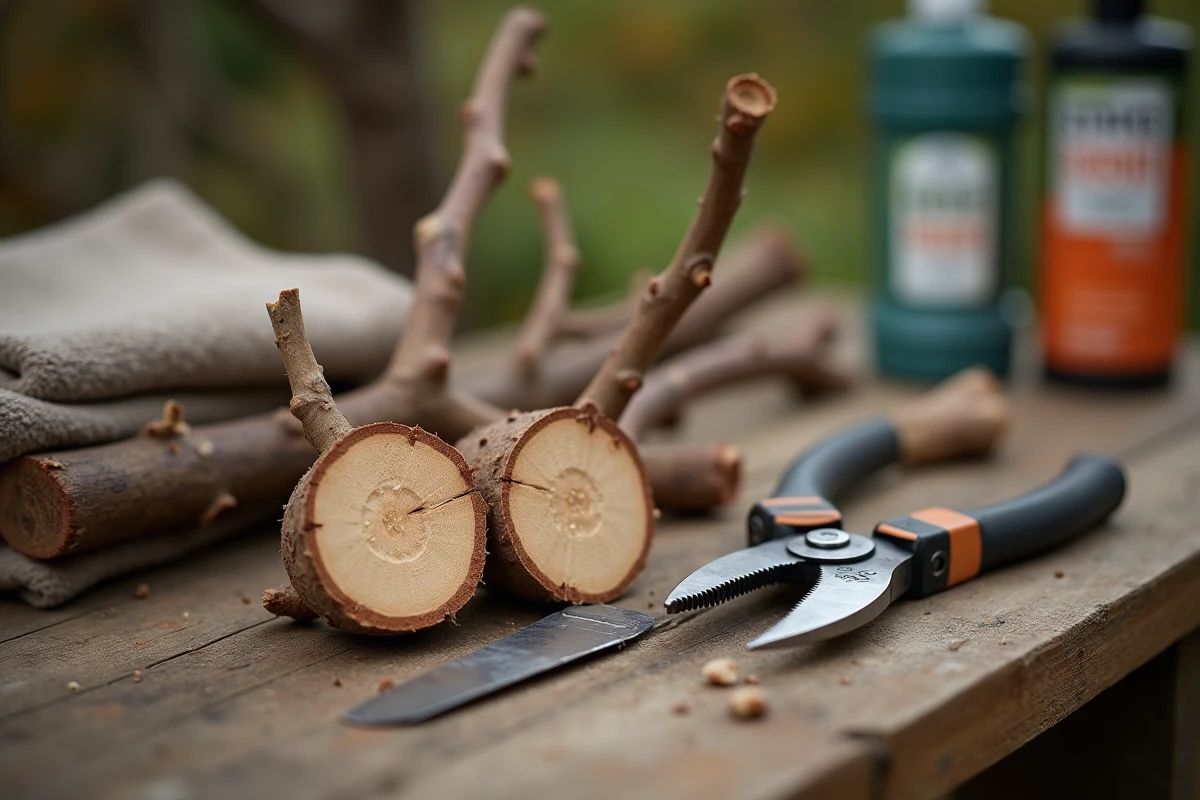 Détail des outils et branches taillées de prunus sur un établi de jardin avec sève visible
