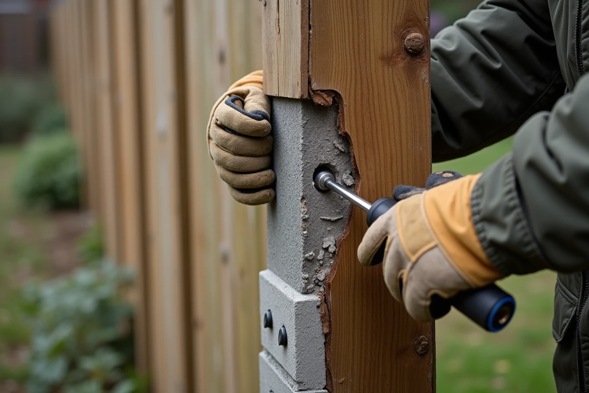 Détail de pourriture et rouille à la base d'un poteau de clôture bois fixé sur un muret
