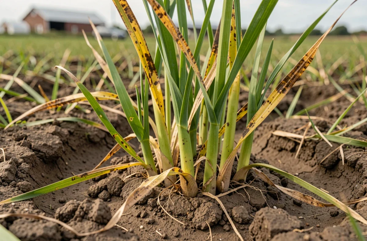 Détail des talles de ray-grass anglais au sol montrant croissance vigoureuse et stress en pâturage bovin intensif