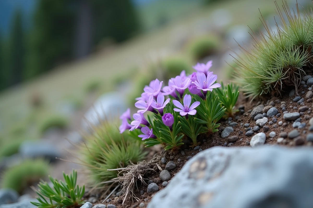 Gros plan sur un talus alpin stabilisé avec phlox rampant en fleur, armoises argentées et fétuque sur sol graveleux