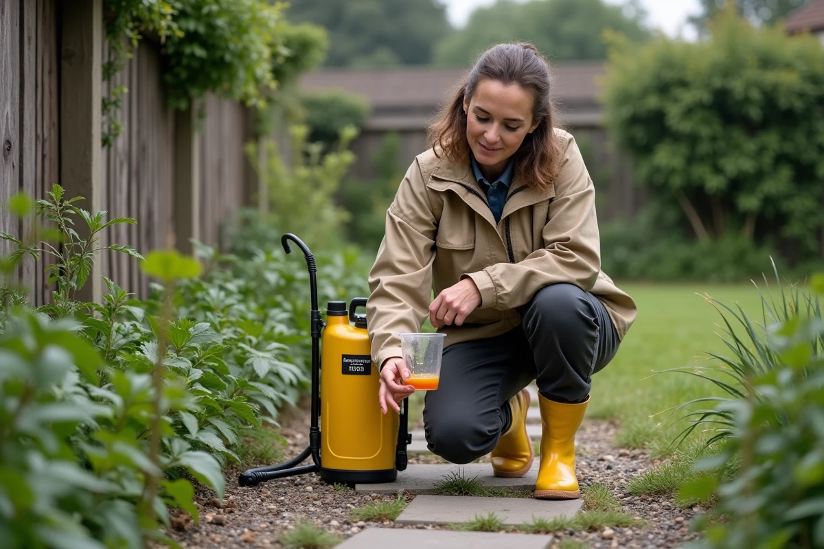 Femme dosant avec précision un désherbant dans un pulvérisateur de jardin sur une allée gravillonnée