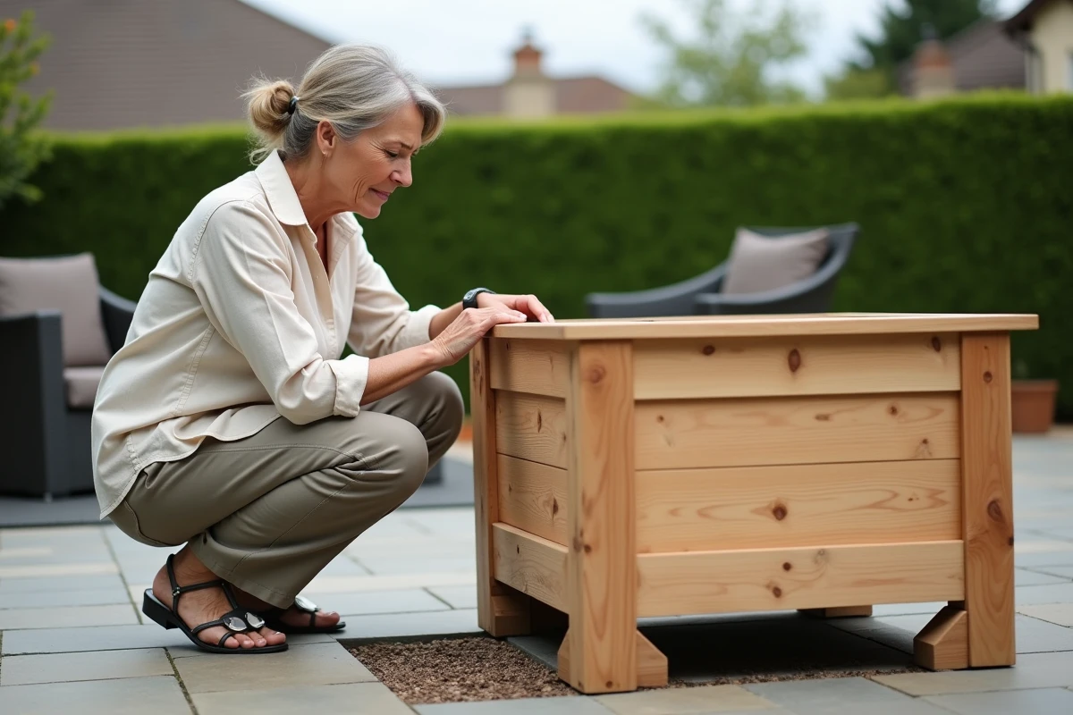 Femme inspectant le système de drainage d'une jardinière en bois posée sur un patio pour prévenir la pourriture