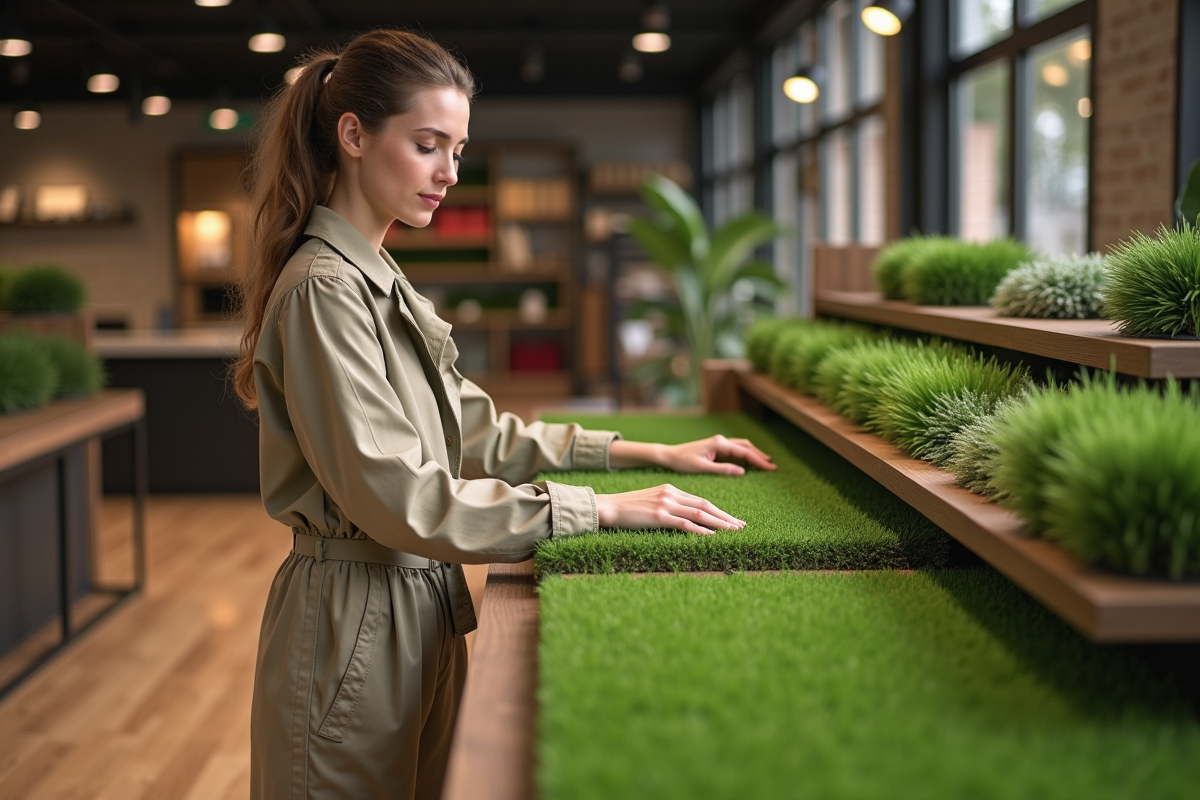 Femme comparant des échantillons de gazon synthétique en magasin