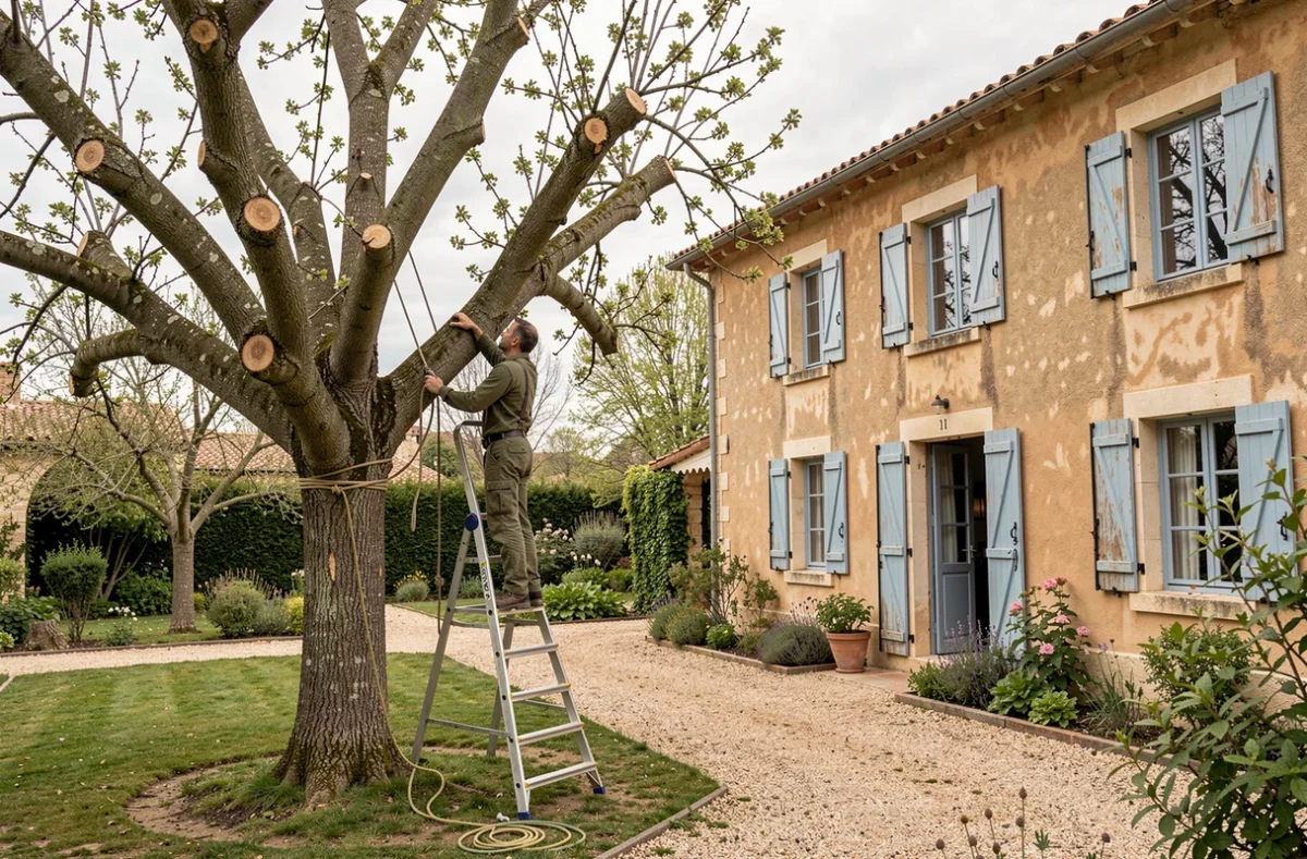 Élagueur sur une échelle en train d'élaguer un cerisier dans le jardin d'un mas provençal dans le Gard