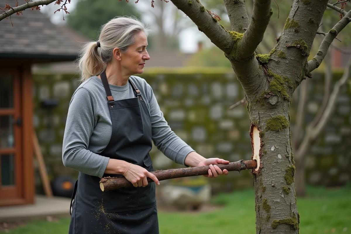 Femme utilisant un élaguer pour couper une branche de prunus dans un jardin structuré