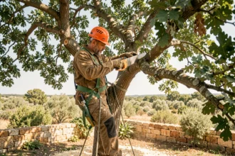 Élagueur professionnel sécurisé dans un arbre en train de couper une branche épaisse dans un jardin du Gard