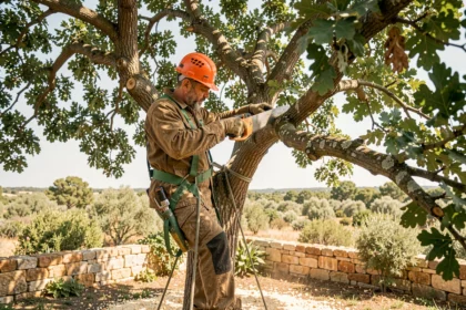Élagueur professionnel sécurisé dans un arbre en train de couper une branche épaisse dans un jardin du Gard