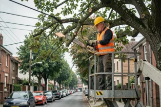 Élagueur professionnel en nacelle élévatrice taillant des branches d'arbre près de lignes électriques EDF en zone résidentielle