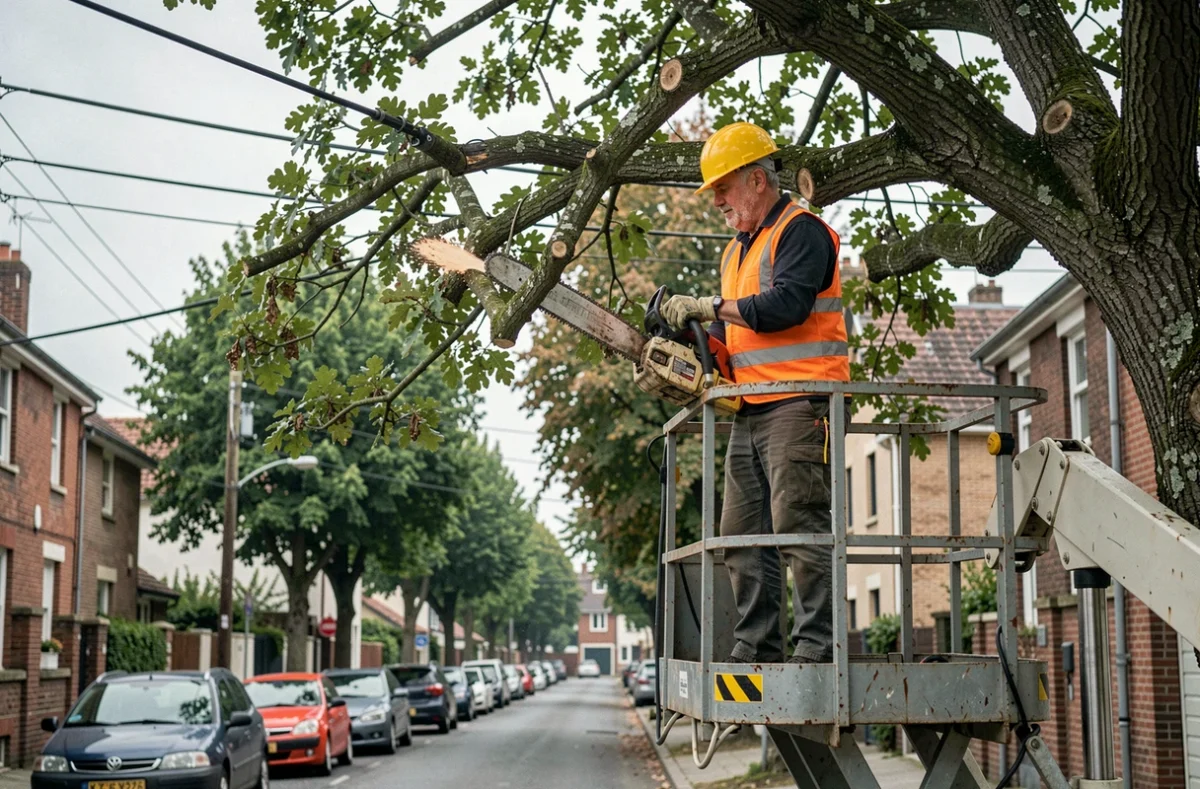 Élagueur professionnel en nacelle élévatrice taillant des branches d'arbre près de lignes électriques EDF en zone résidentielle