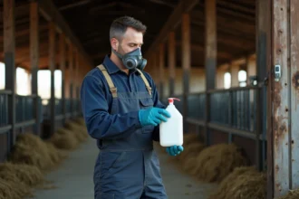 Éleveur équipé d'un masque respiratoire et de gants lisant l'étiquette d'un désinfectant agricole à l'entrée d'une étable