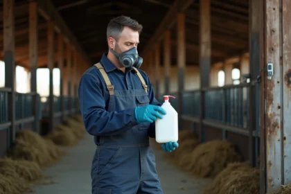 Éleveur équipé d'un masque respiratoire et de gants lisant l'étiquette d'un désinfectant agricole à l'entrée d'une étable