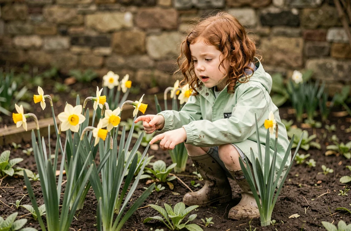 Petite fille en jardin observant des jonquilles et narcisses pour apprendre à les reconnaître