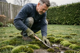 Homme en train d'enlever la mousse sur une pelouse avec un râteau dans un jardin résidentiel