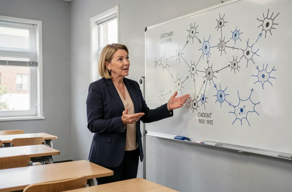 Enseignante en sciences expliquant le mécanisme de l'élagage synaptique devant un tableau blanc avec des schémas de neurones dans une salle de classe