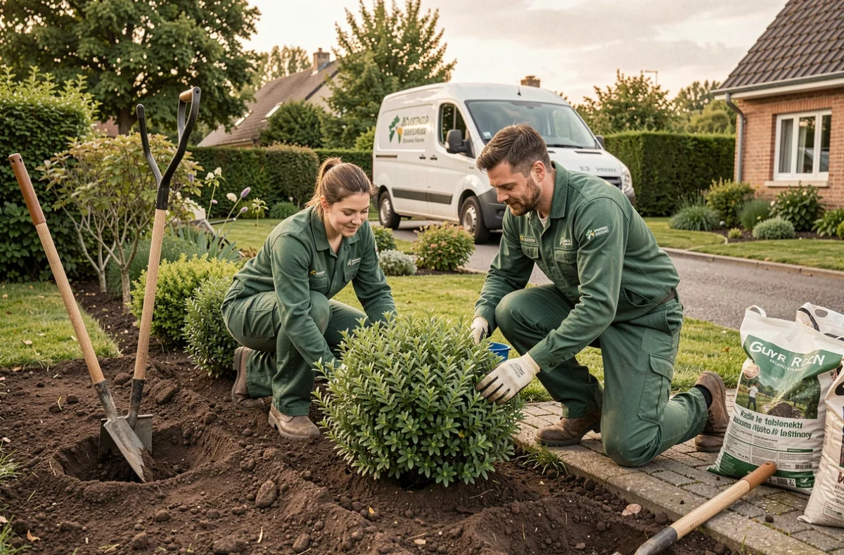 Équipe d'Espace Vert Services plantant des arbustes ornementaux dans un jardin de banlieue dans l'Aisne