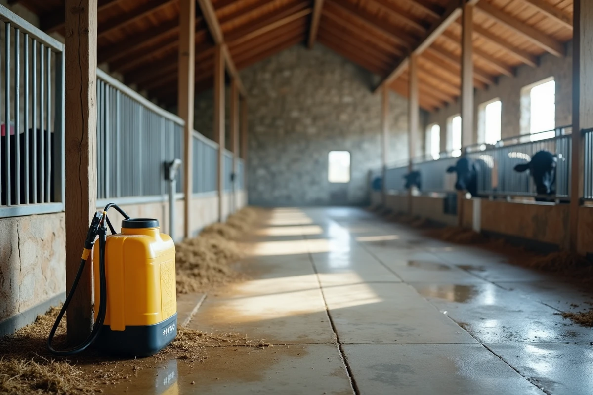 Intérieur d'une étable vide après application d'un protocole de désinfection avec pulvérisateur professionnel posé contre un poteau en bois