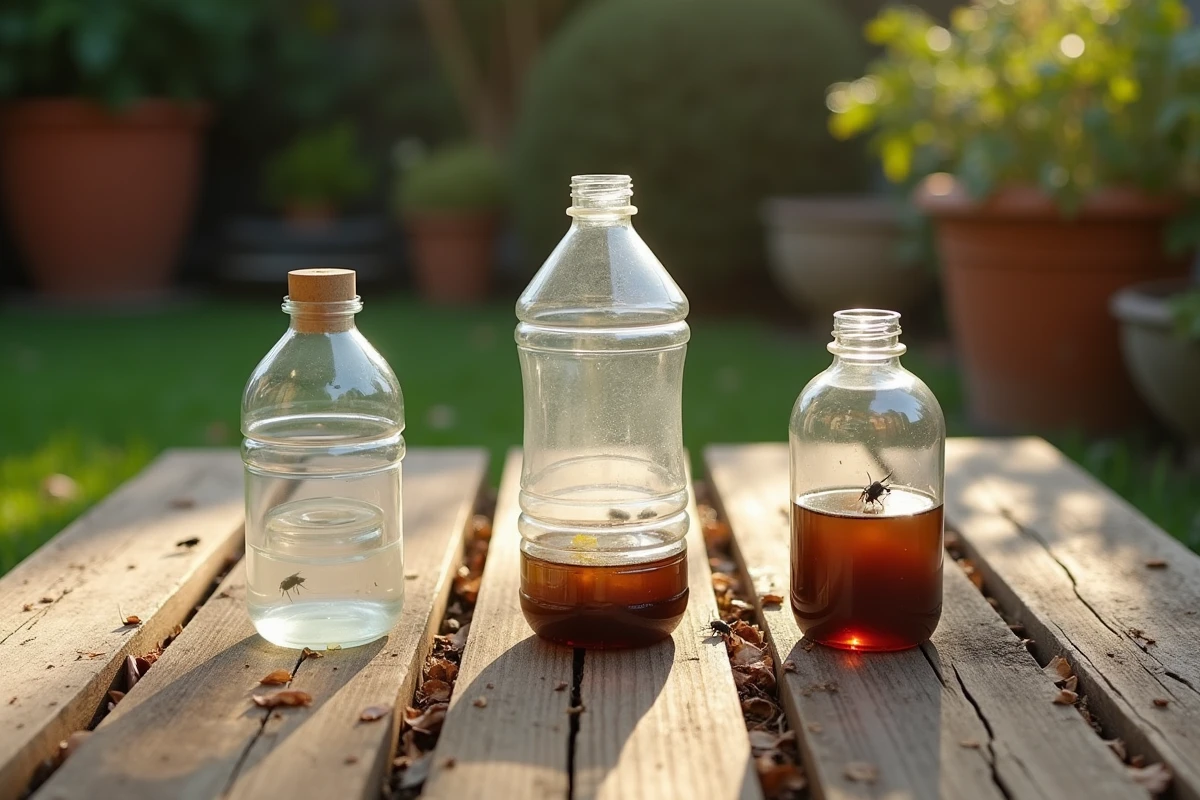 Trois étapes de fabrication d'un piège à moucherons avec des bouteilles en plastique recyclées posées sur une table de jardin en bois