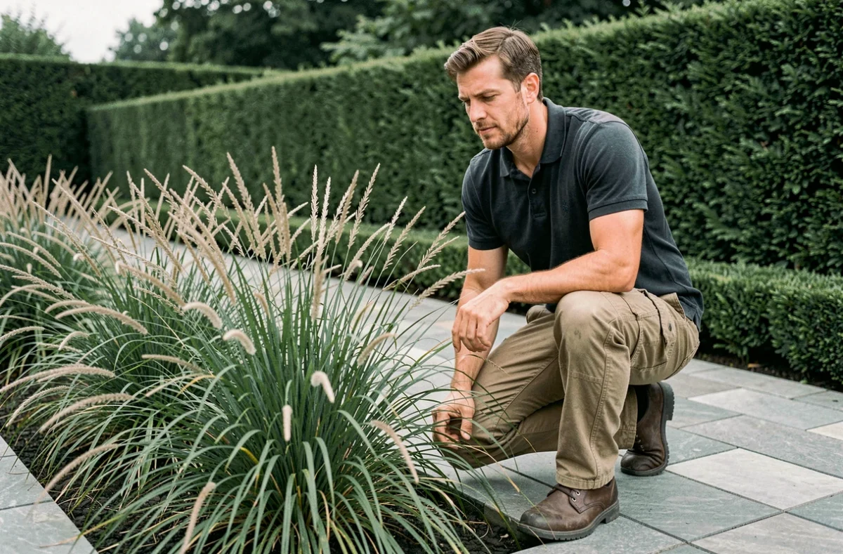 Jardinier paysagiste d'ETS Garden Green installant des graminées ornementales dans un jardin contemporain