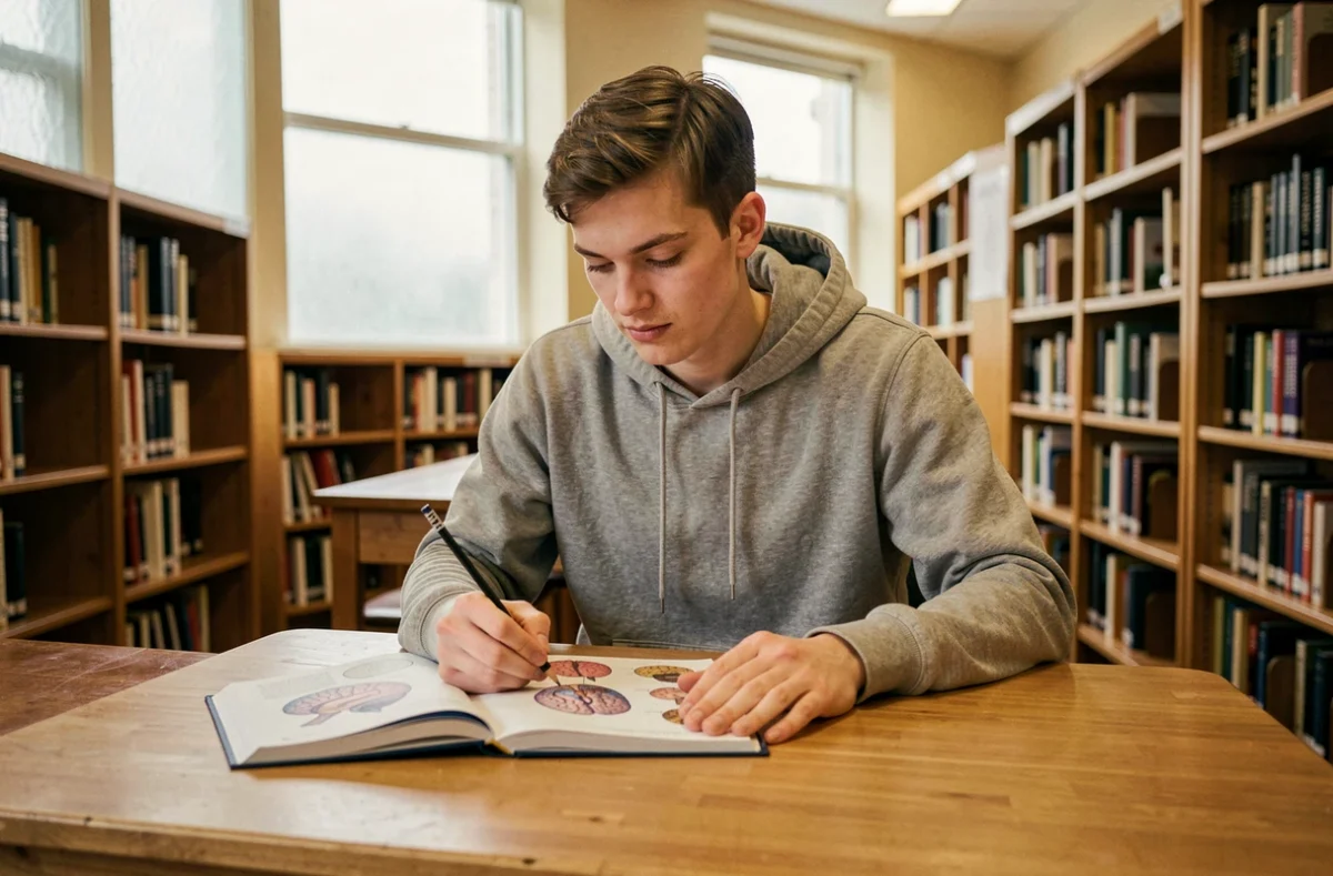 Étudiant en neurosciences consultant un manuel illustré sur le cerveau dans une bibliothèque universitaire, représentation pédagogique de l'élagage synaptique