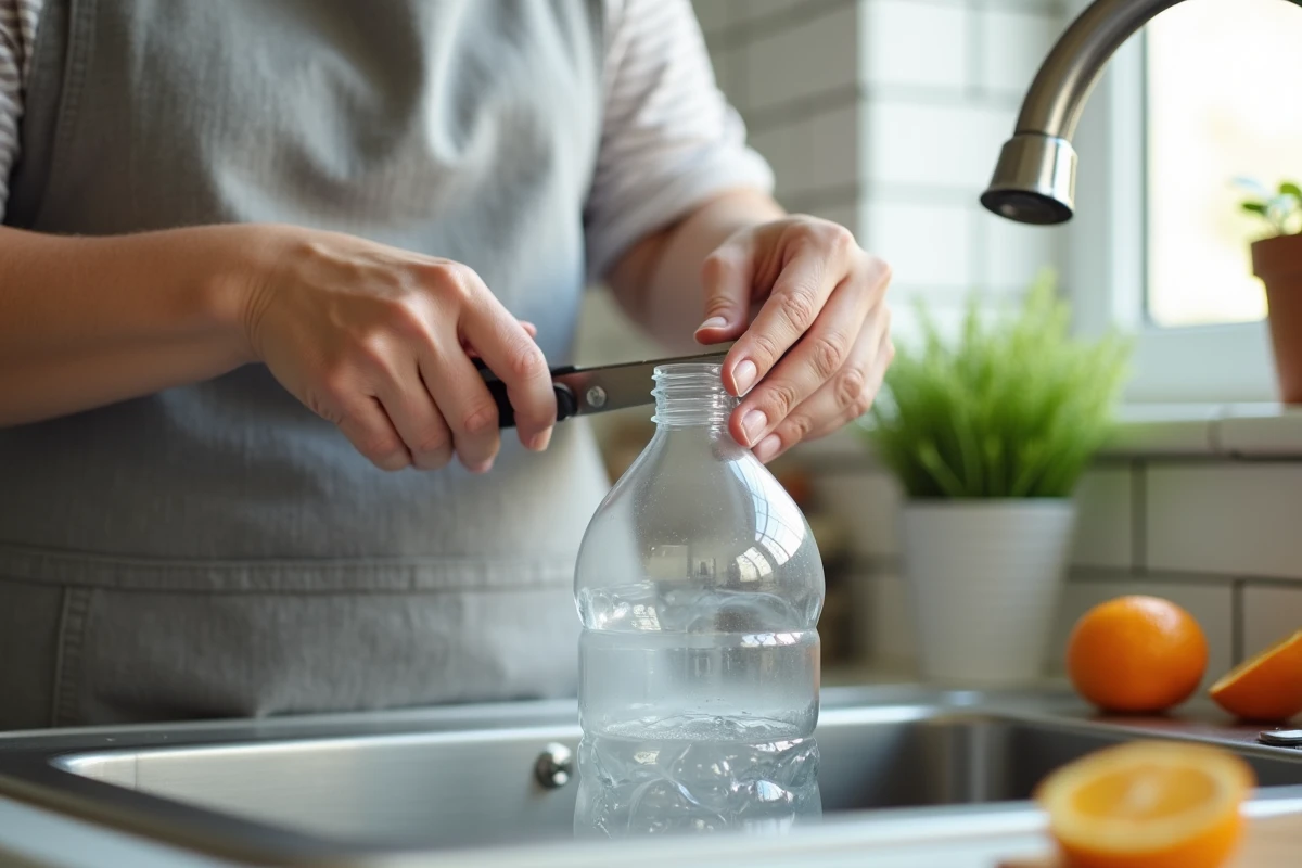 Femme découpant une bouteille en plastique transparente avec des ciseaux pour fabriquer un piège à moucherons maison