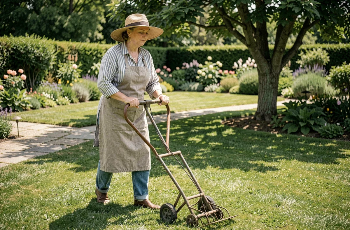 Femme aérant sa pelouse avec un aérateur manuel pour prévenir le retour des hannetons après traitement