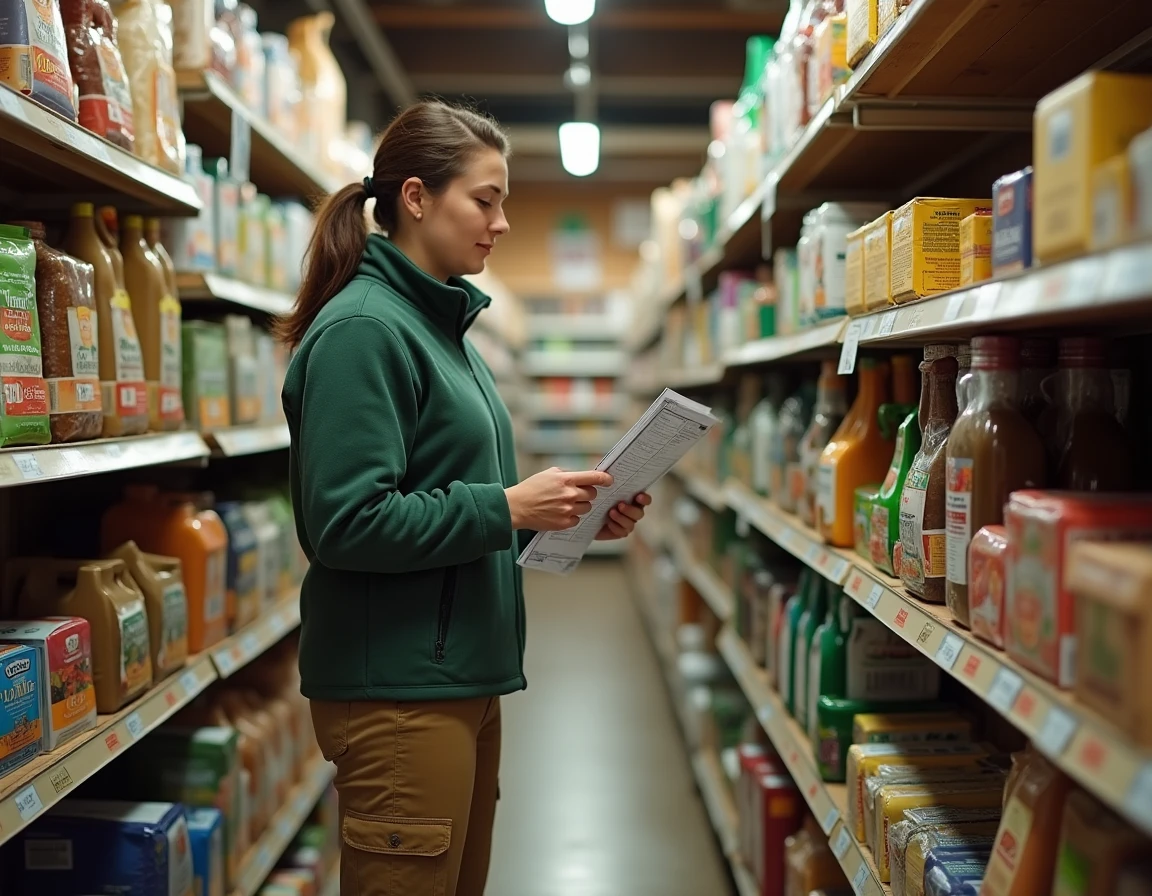 Femme agricultrice comparant des produits agricoles dans un magasin spécialisé en fournitures rurales