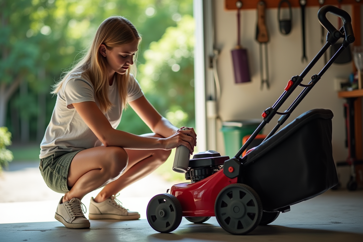 Jeune femme appliquant un spray sur une tondeuse électrique rouge
