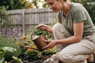 Femme arrosant un parterre de fleurs avec un arrosoir en cuivre dans un jardin de banlieue