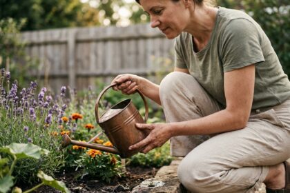 Femme arrosant un parterre de fleurs avec un arrosoir en cuivre dans un jardin de banlieue