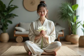 Femme asiatique tenant un lotus blanc en intérieur
