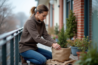 Femme en pull laine et jeans protégeant ses plantes d'hiver