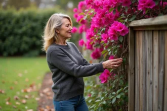 Femme inspectant bougainvillea en automne dans le jardin
