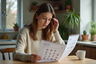 Femme regardant un calendrier lunaire dans une cuisine chaleureuse