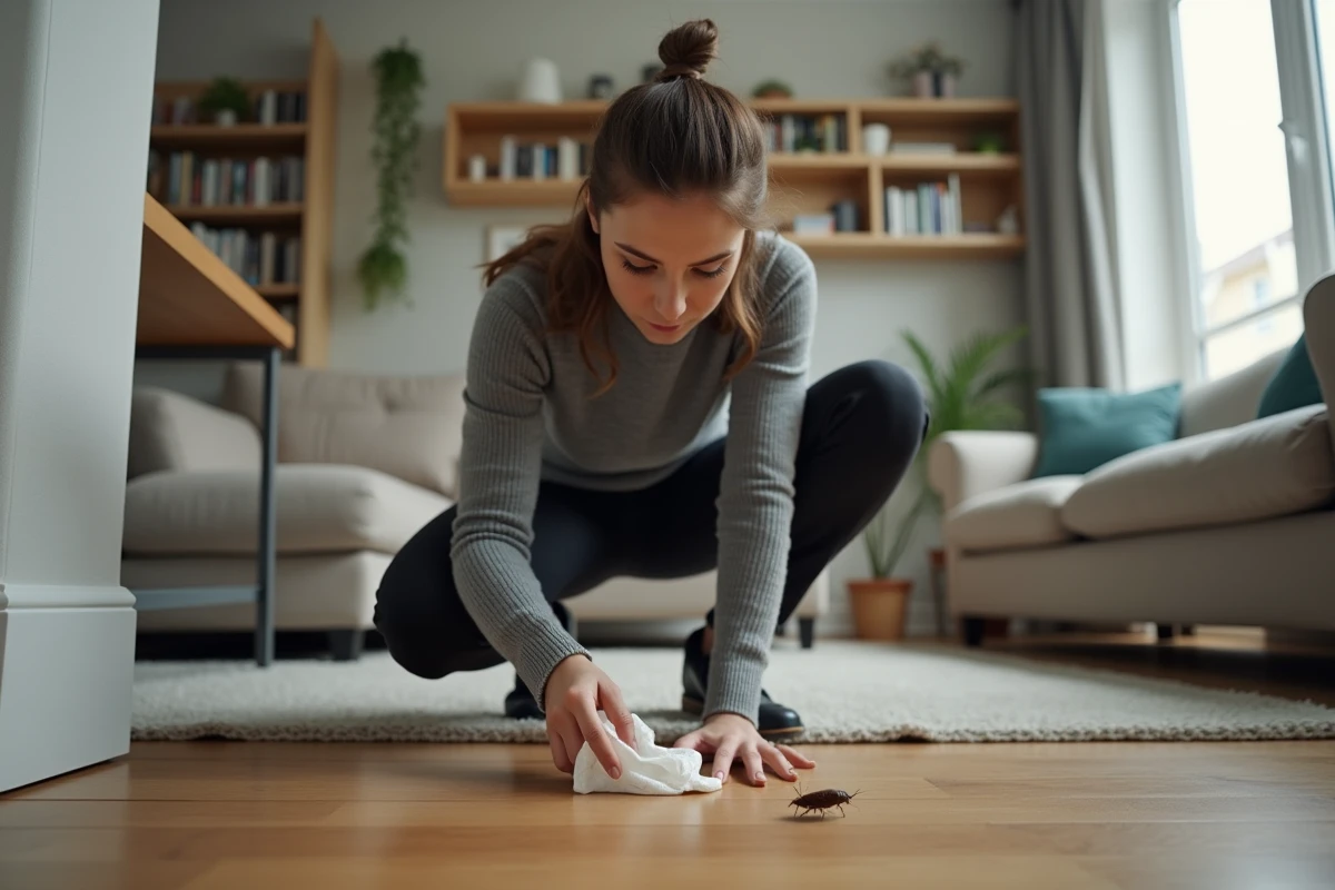 Jeune femme attrape un cafard dans un salon moderne