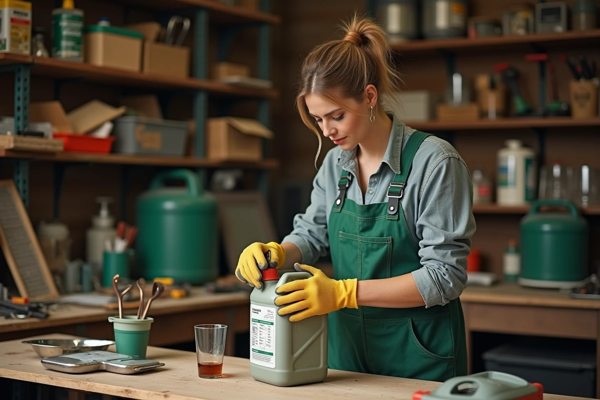 Jeune femme verse du carburant dans un gobelet dans le garage