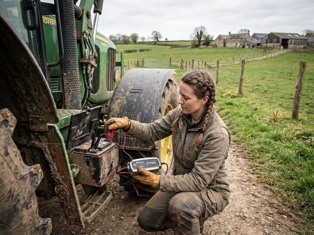 Jeune femme connectant une batterie sur un tracteur vert