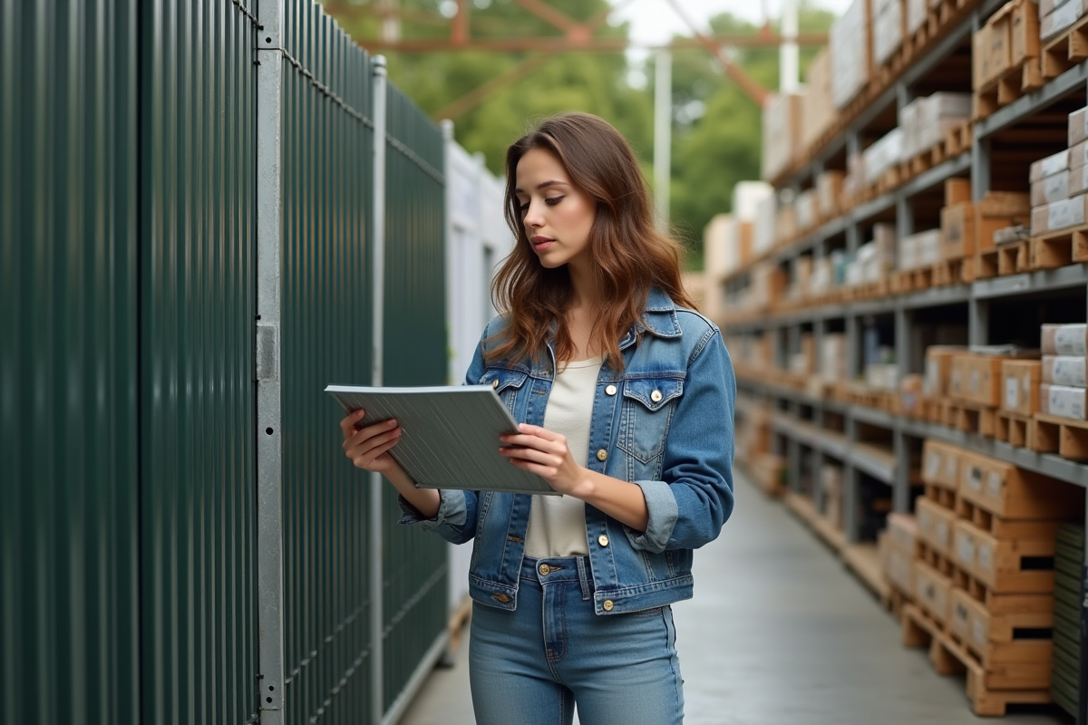 Jeune femme vérifiant prix et matériaux de clôture en magasin
